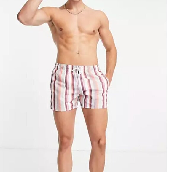 Topman Men's Stripe Swim Shorts Trunks Ecru & Pink Size L - Picture 1 of 6